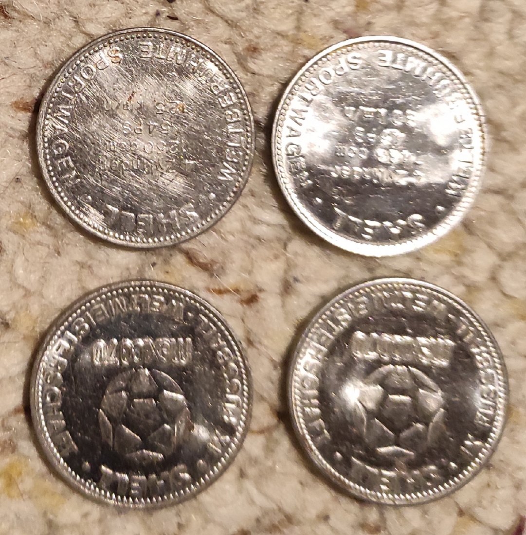  Restposten Sammler-Münzen Shell 2 x Mexico 1970 und 2 x Oldtimer   