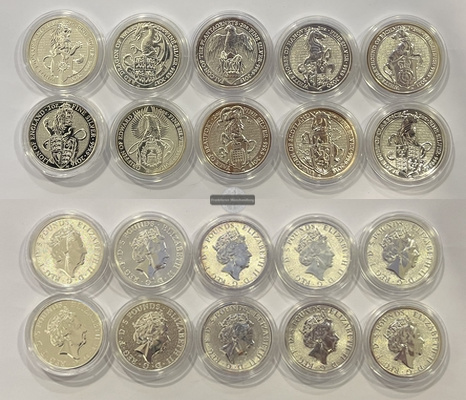  Großbritannien 10 x 5 Pfund 2016-2021 Queens Beasts Series Full Set.    FM-Frankfurt Feinsilber:311g   