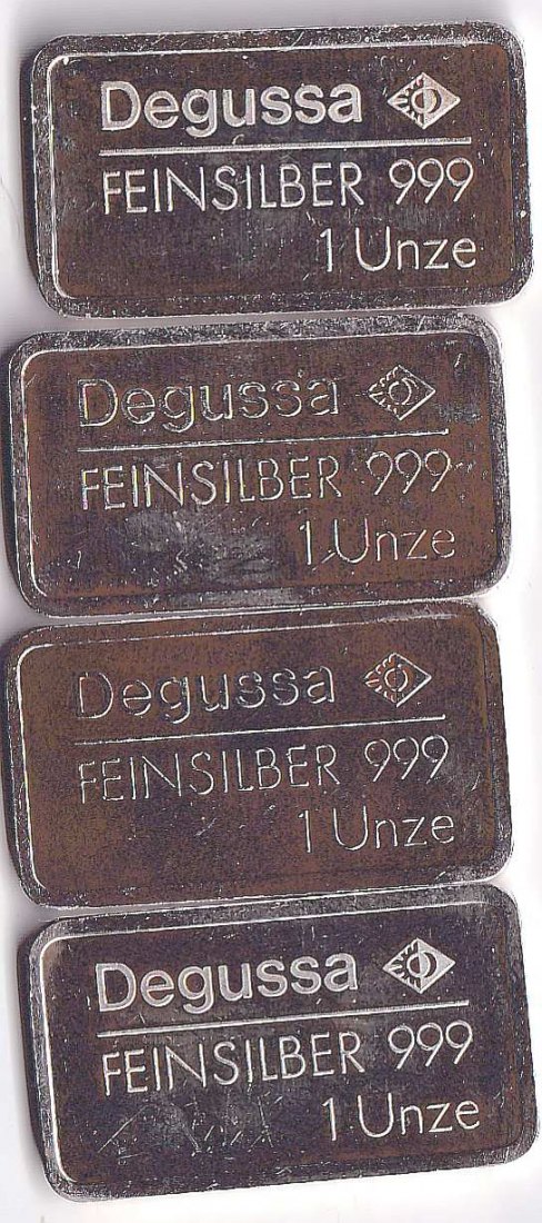  4 x 1 DEGUSSA Unze Silber, insgesamt 124 Gramm Feinsilber; verschiedene Motive   