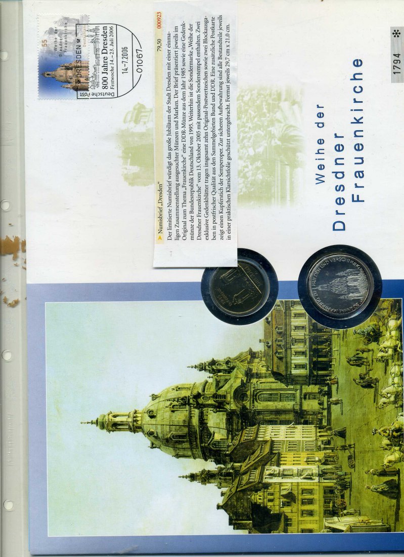  Numisblatt Weihe Frauenkirche Dresden + 10 DM Frauenkirche + 5 Mark DDr Frauenkirche   