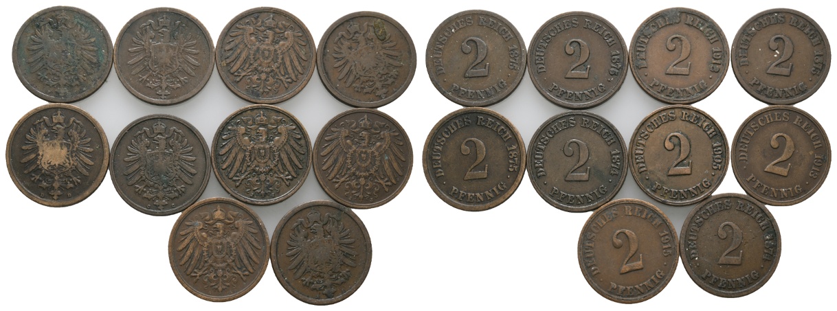  Kaiserreich, Lot Kleinmünzen (2 Pfennig, 10 Stück)   