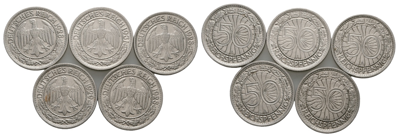  Weimarer Republik; 50 Pfennig 1928/1931 (5 Kleinmünzen)   