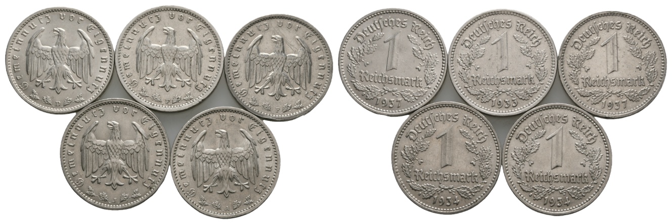  Drittes Reich; 1 Reichsmark 1933/1934/1937 (5 Kleinmünzen)   