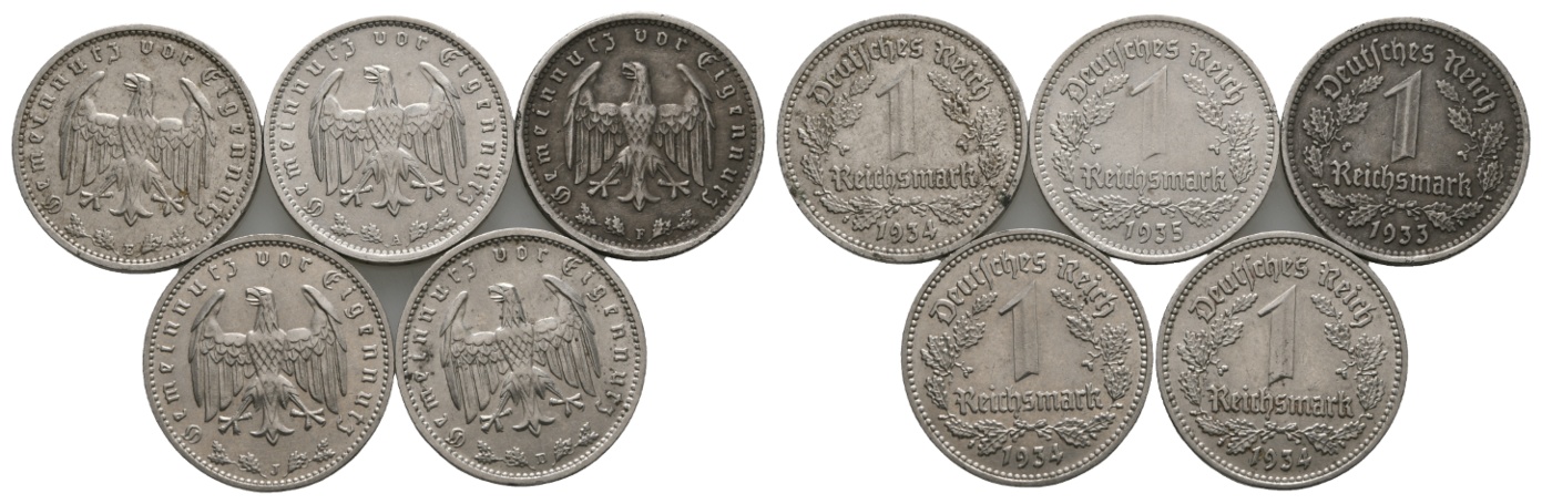  Drittes Reich; 1 Reichsmark 1933/1934/1935 (5 Kleinmünzen)   