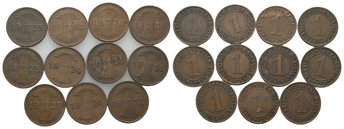  Weimarer Republik; 1 Pfennig 1924/1925/1933/1931/1934 (11 Kleinmünzen)   