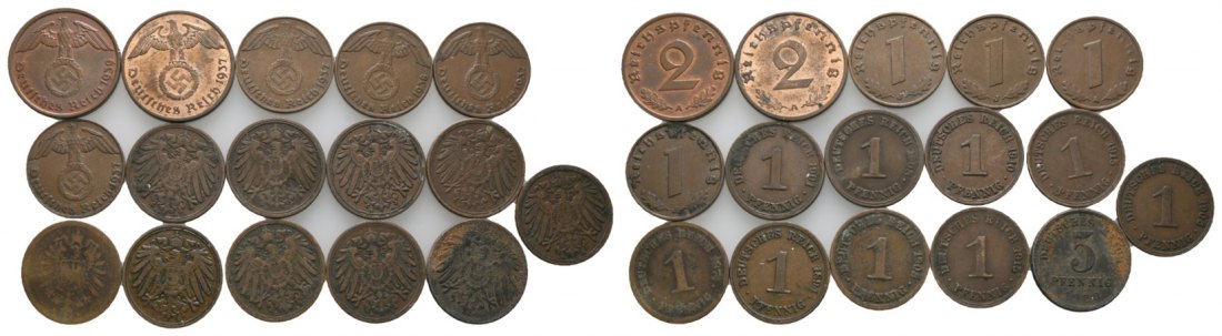  Kaiserreich/Drittes Reich, Lot Kleinmünzen (2/1/5 Pfennig, 16 Stück)   