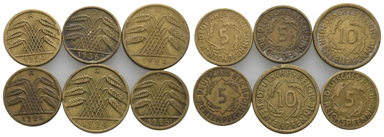  Weimarer Republik; 6 Kleinmünzen 1924/1925/1936   