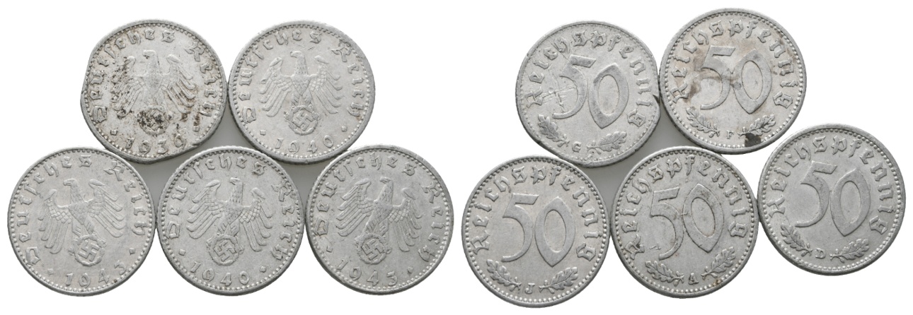  Drittes Reich; 50 Pfennig 1939/1940/1943 (5 Kleinmünzen)   