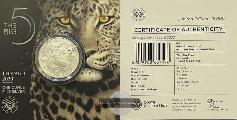  Südafrika 5 Rand 2020 Leopard The Big Five 1 Unze FM-Frankfurt Feinsilber: 31,1g   