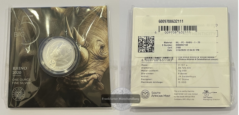  Südafrika 5 Rand 2020 Rhino The Big Five 1 Unze FM-Frankfurt Feinsilber: 31,1g   