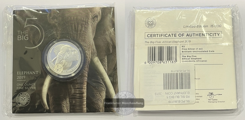  Südafrika 5 Rand 2019 Elephant The Big Five 1 Unze FM-Frankfurt Feinsilber: 31,1g   