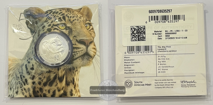  Südafrika 5 Rand 2023 Leopard The Big Five 1 Unze FM-Frankfurt Feinsilber: 31,1g   