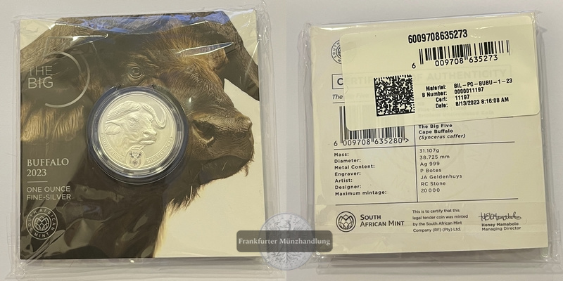  Südafrika 5 Rand 2023 Buffalo The Big Five 1 Unze FM-Frankfurt Feinsilber: 31,1g   