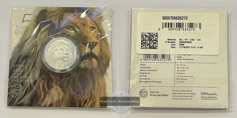  Südafrika 5 Rand 2022 Lion The Big Five 1 Unze FM-Frankfurt Feinsilber: 31,1g   