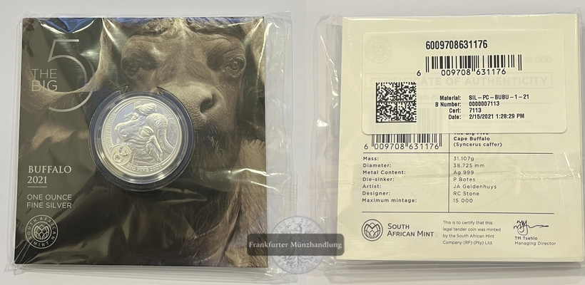  Südafrika 5 Rand 2021 Buffalo The Big Five 1 Unze FM-Frankfurt Feinsilber: 31,1g   
