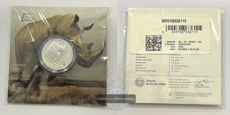  Südafrika 5 Rand 2025 Rhino The Big Five 1 Unze FM-Frankfurt Feinsilber: 31,1g   