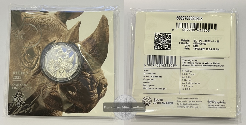  Südafrika 5 Rand 2022 Rhino The Big Five 1 Unze FM-Frankfurt Feinsilber: 31,1g   