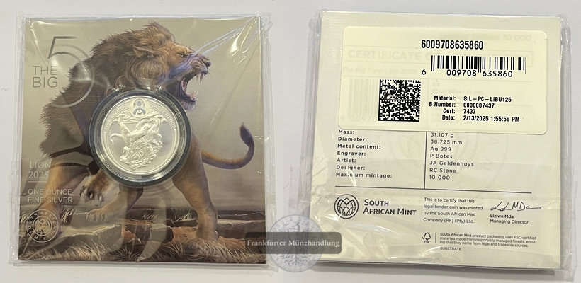  Südafrika 5 Rand 2025 Lion The Big Five 1 Unze FM-Frankfurt Feinsilber: 31,1g   
