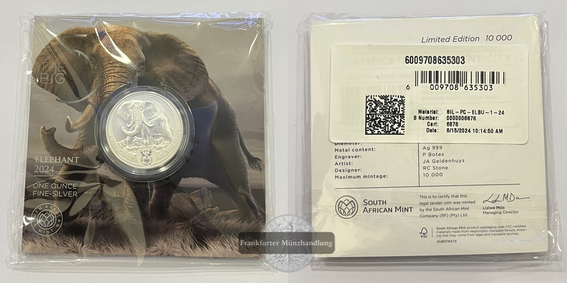 Südafrika 5 Rand 2024 Elephant The Big Five 1 Unze FM-Frankfurt Feinsilber: 31,1g   