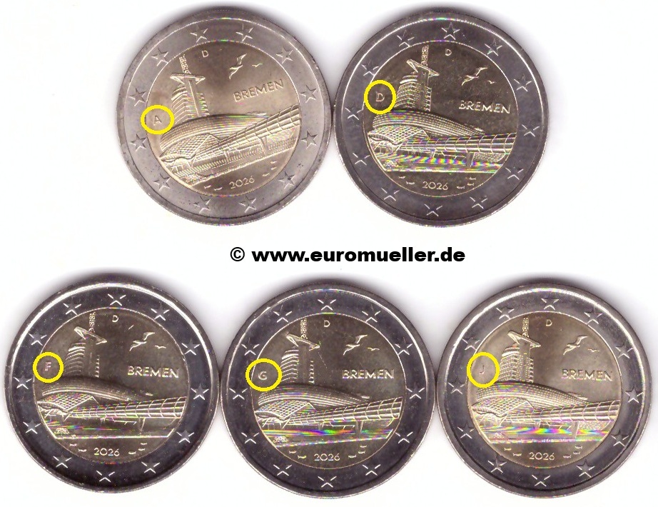 Deutschland 5x 2 Euro Gedenkmünze 2026...Bremen...unc.   
