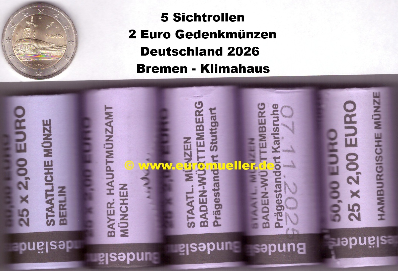 Deutschland 5 Rollen 2 Euro Gedenkmünze 2026...Bremen...unc.   