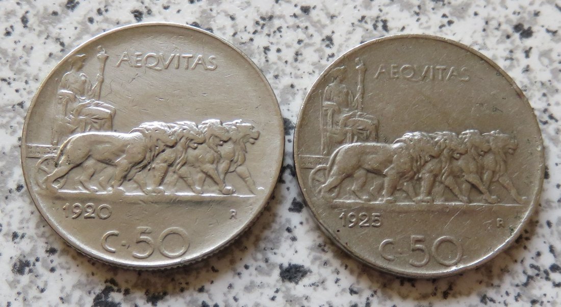  Italien 50 Centesimi 1920 Riffelrand und 1925 glatter Rand   