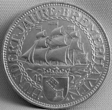  5 Reichsmark 1927 A Bremerhaven, J 326   