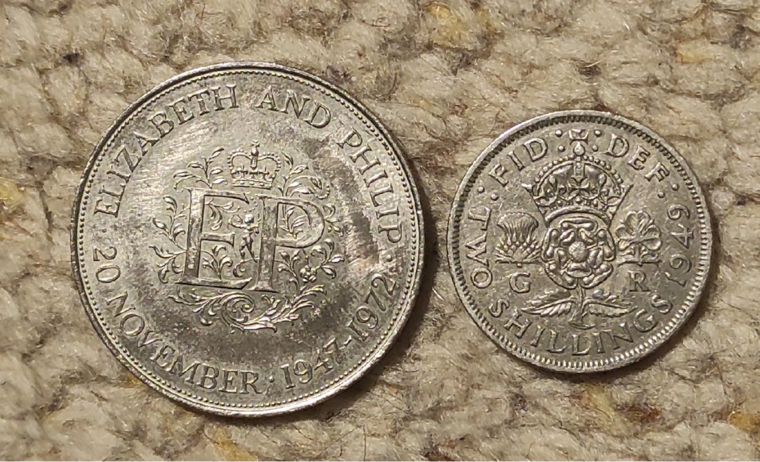  Großbritannien 25 Pence 1972 / 2 Schilling 1949   