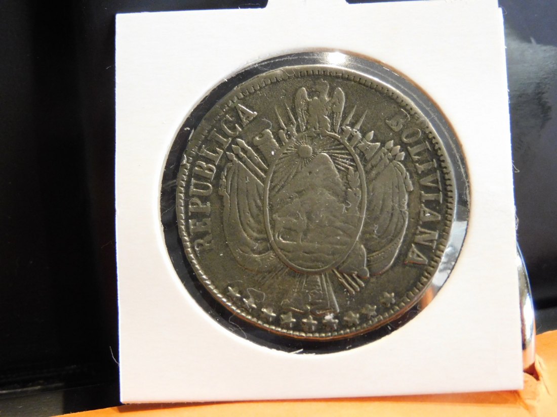  BOLIVIA 1 BOLIVIANO 1864 PTS-FP 9 STARS.GRADE-PLEASE SEE PHOTOS.   