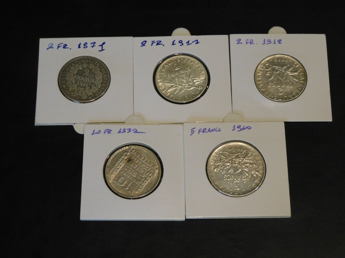  FRANCE 5X 2-5-10 FRANCS 1871-1917-18-32-60.GRADE-PLEASE SEE PHOTOS.   