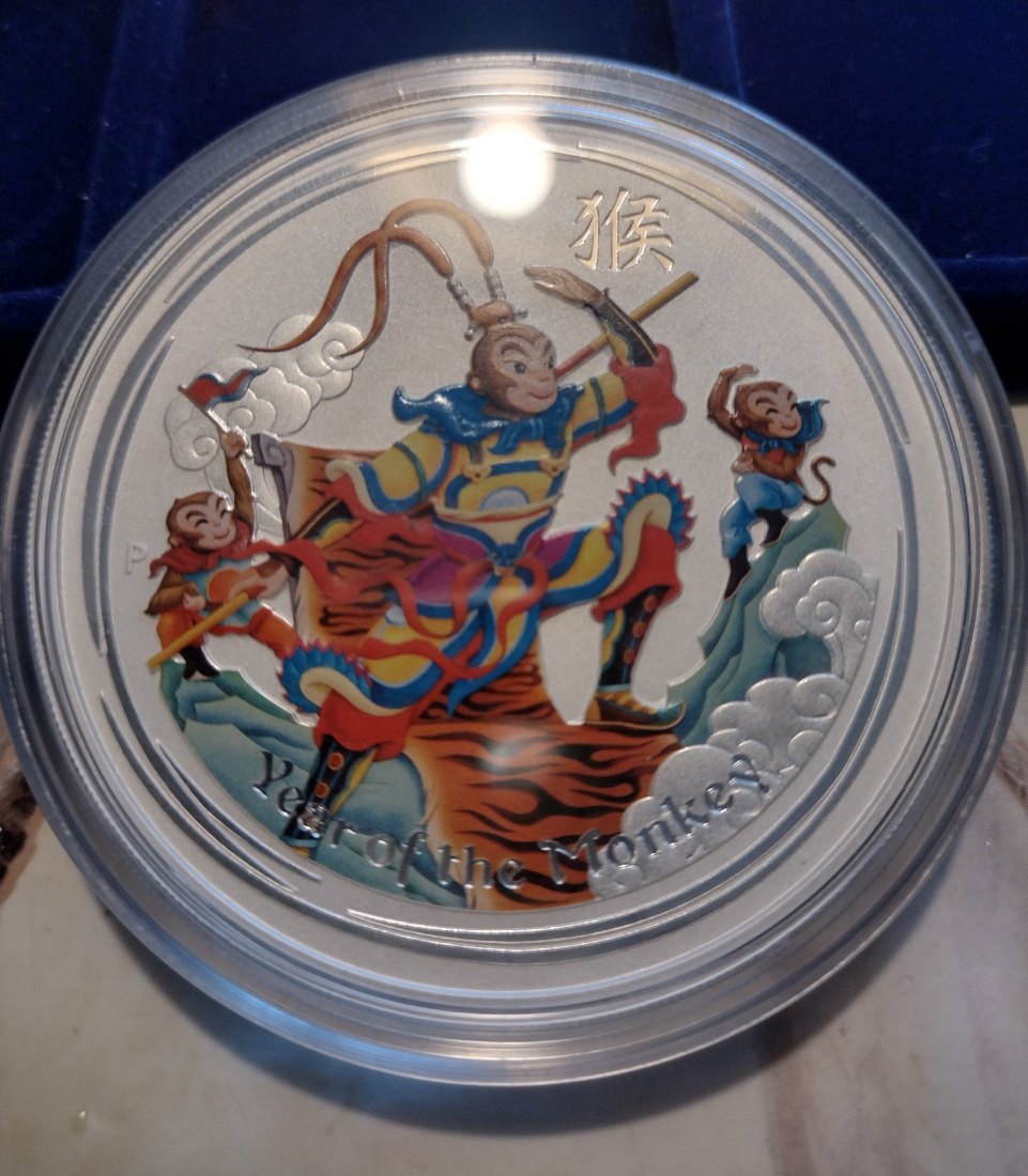  Silbermünze Australien 2016, 5 Oz ag999, Jahr des Affen, koloriert   