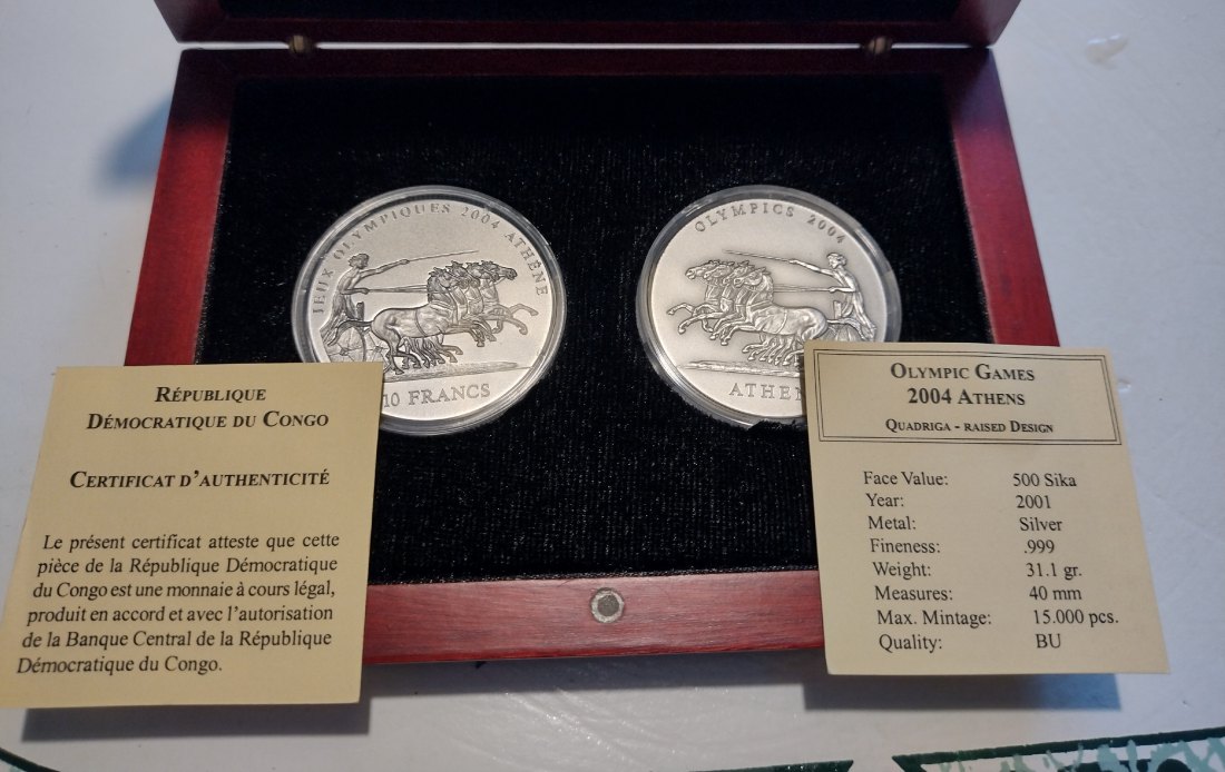  2 SILBERUNZEN in Holzschachtel mit Zertifikat, zu Olympia 2004in Athen   