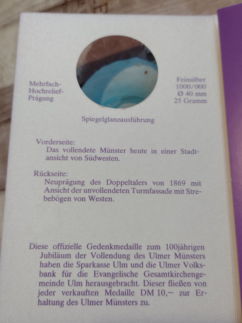  Silbermedaille Ulmer Münster, 25 Gramm AG 1000 in Kuvert   