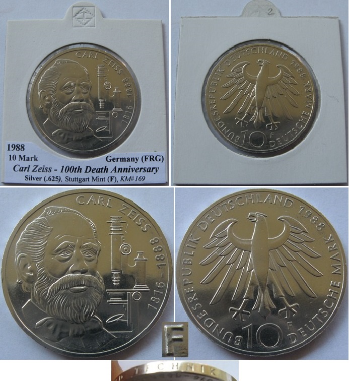  1988, Germany-10 Mark (F)-Carl Zeiss-silver coin (0.31 oz silver)   