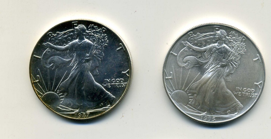  2x American Eagle 1987+1995 2 Unzen Feinsilber stempelglanz   