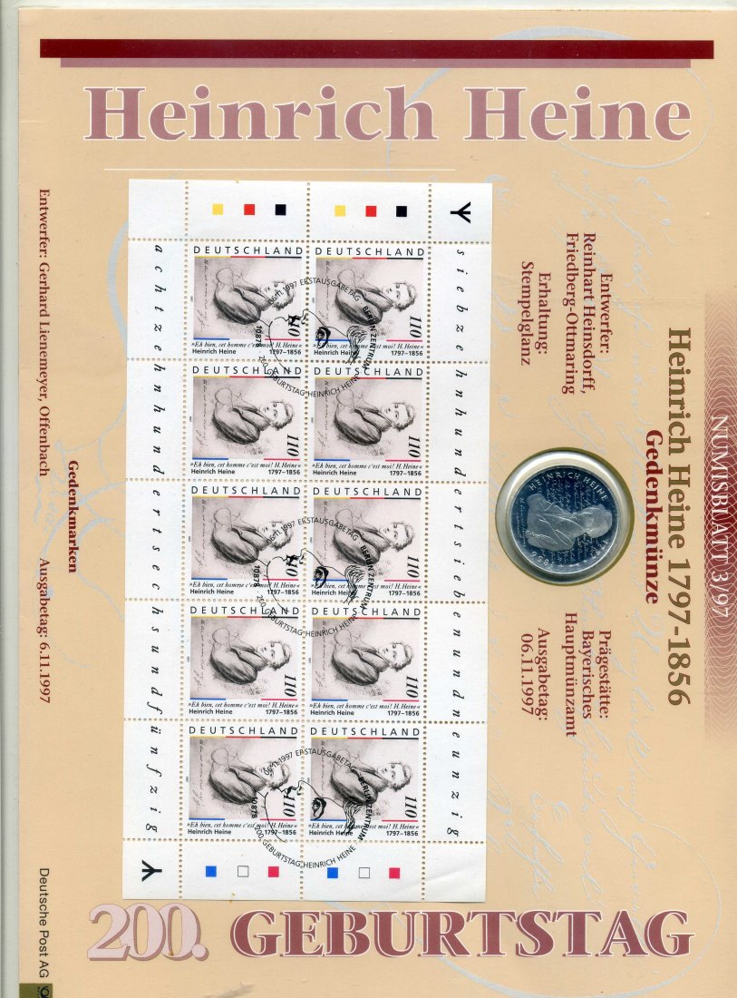  Numisblatt 10 DM 1997 Heine mit Runen selbstverständlich mit Original Berlin Stempel sehr selten   