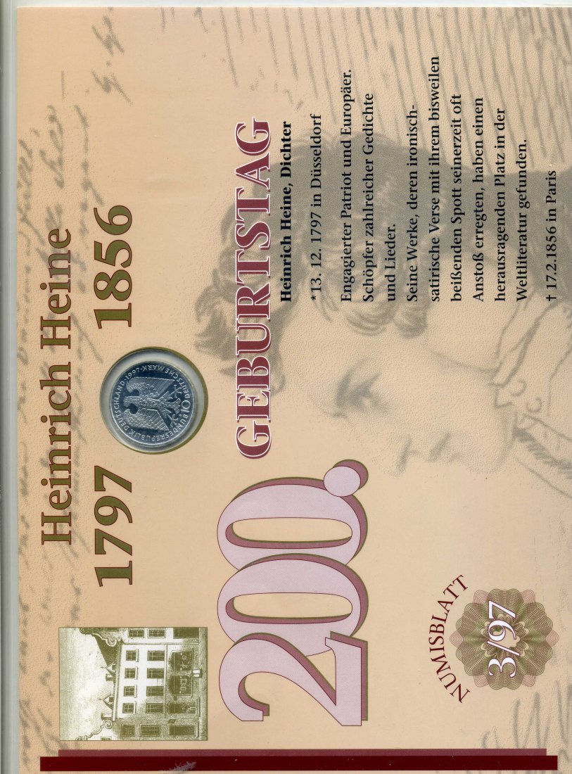  Numisblatt 10 DM 1997 Heine mit Runen selbstverständlich mit Original Berlin Stempel sehr selten   