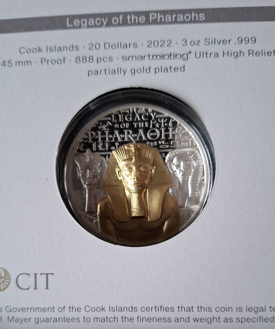  Cook Islands 20 $ 2022 Vermächtnis der Pharaonen 3 Oz Silber Ultra high Relief mit Goldauflage   