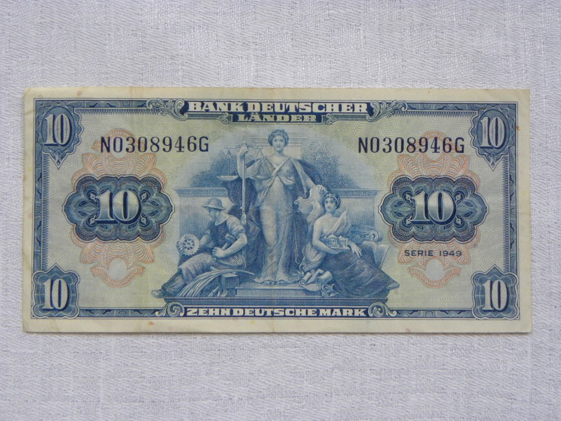  10 MARK Banknote 22.August 1949 BANK DEUTSCHER LÄNDER,Serie 1949,sehrgut erhalten   