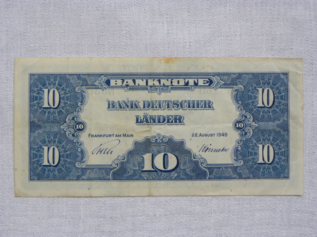  10 MARK Banknote 22.August 1949 BANK DEUTSCHER LÄNDER,Serie 1949,sehrgut erhalten   