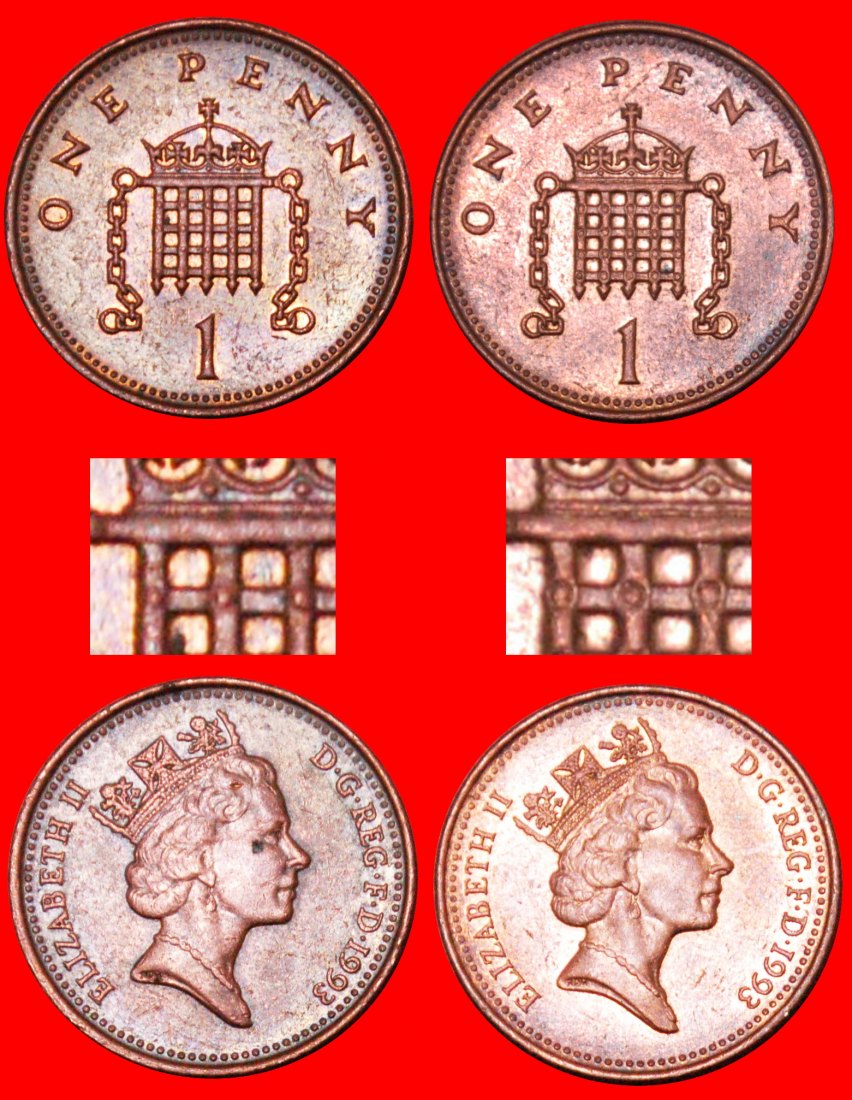  Ⰿ PORTCULLIS: GREAT BRITAIN ★ 1 PENNY 1993 DIES A&B★ELIZABETH II (1952-2022)★LOW START ★ NO RESERVE!   