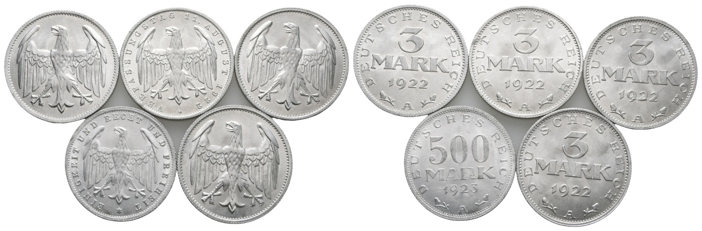  Weimarer Republik; 3 Mark 1922/1923 (5 Kleinmünzen)   