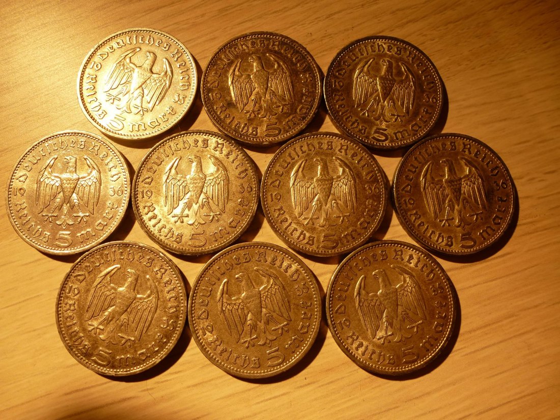  10x 5 Reichsmark Hindenburg 1936-39.,0.900Silber,12.5gr.fein   