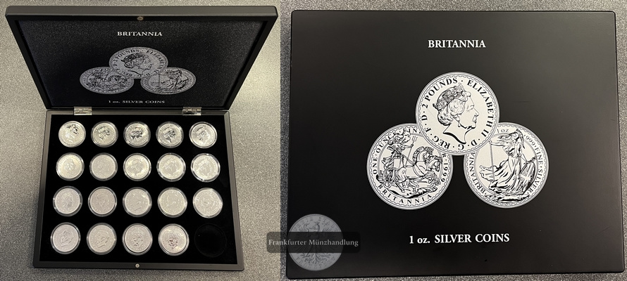  Großbritannien 19 x 2 Pounds Britannia, Coronation und Lion Eagle Set FM-Frankfurt Feinsilber: 616g   