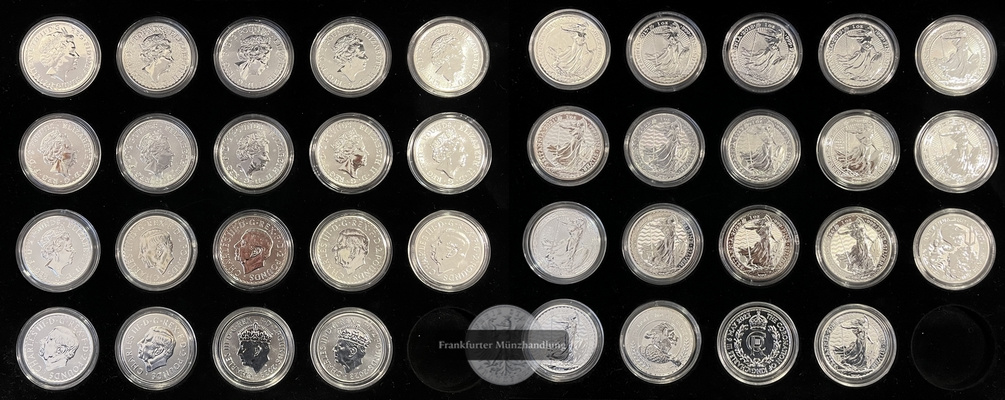  Großbritannien 19 x 2 Pounds Britannia, Coronation und Lion Eagle Set FM-Frankfurt Feinsilber: 616g   