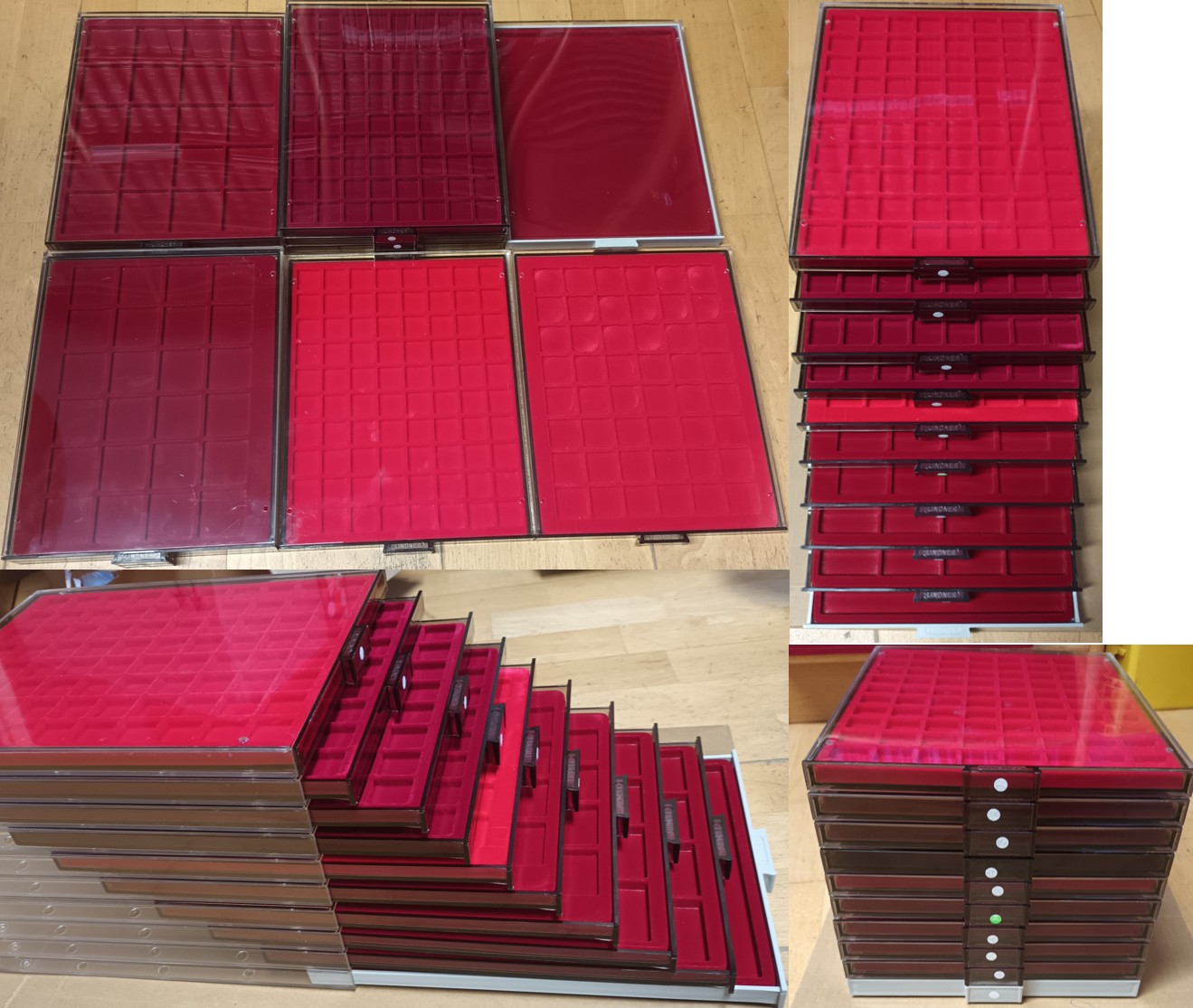  Lindner Münzbox STANDARD, 10 Stück, quadratische Vertiefungen, div. Größen, gebraucht   