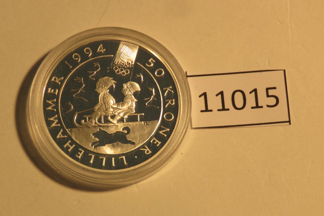  11015 Norwegen 1992 - 50 Kronen - OLYMPIA - Kinder mit Schlitten - 16,81 g SILBER 0.925   