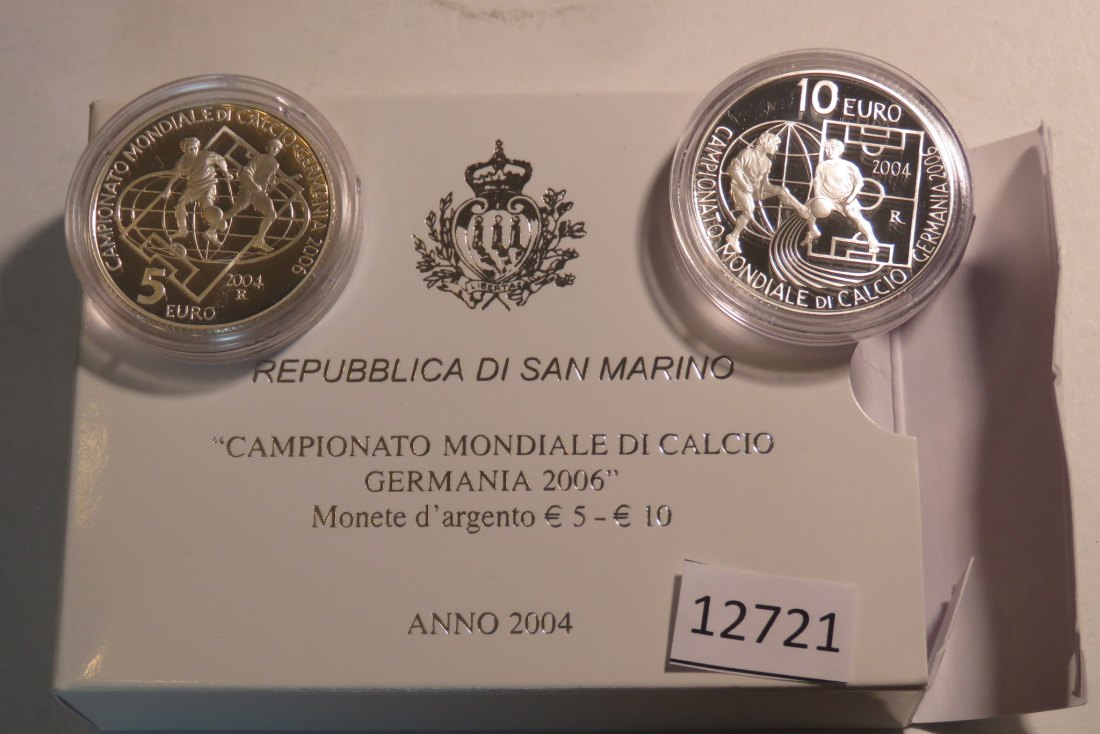  12721  San Marino 2004 - 5 + 10 Euro - Fußball WM in Deutschland - 40,0 g SILBER 0.925   