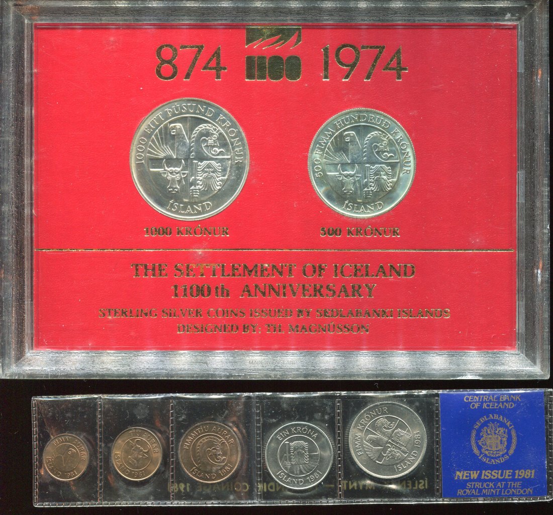  Island 2 Silbermünzen von 1974 in St. + Münzsatz v. 1981   