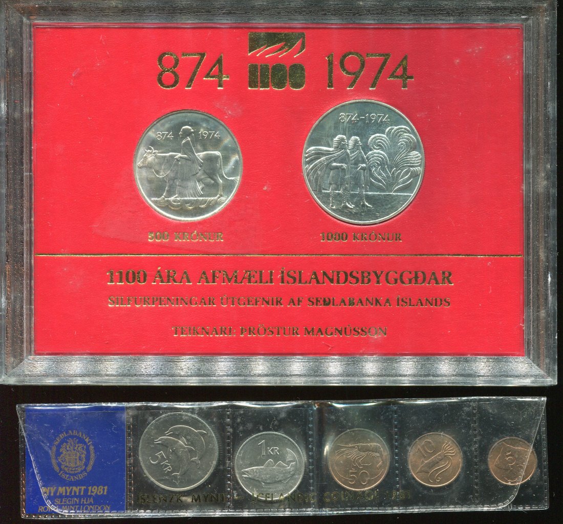  Island 2 Silbermünzen von 1974 in St. + Münzsatz v. 1981   
